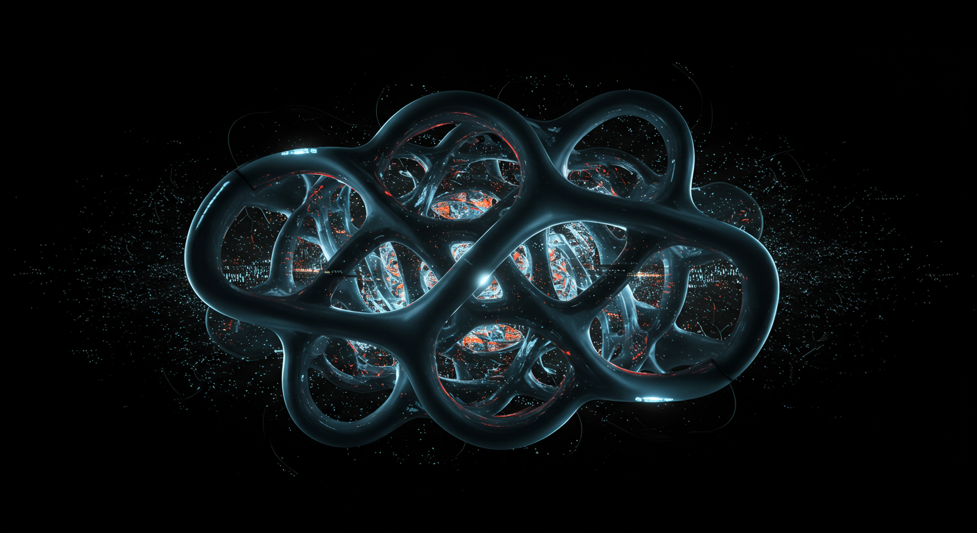 Abstract visual metaphor for hidden costs or inefficiencies in cloud infrastructure, showing complex intertwining elements with some appearing underutilized or glowing faintly.