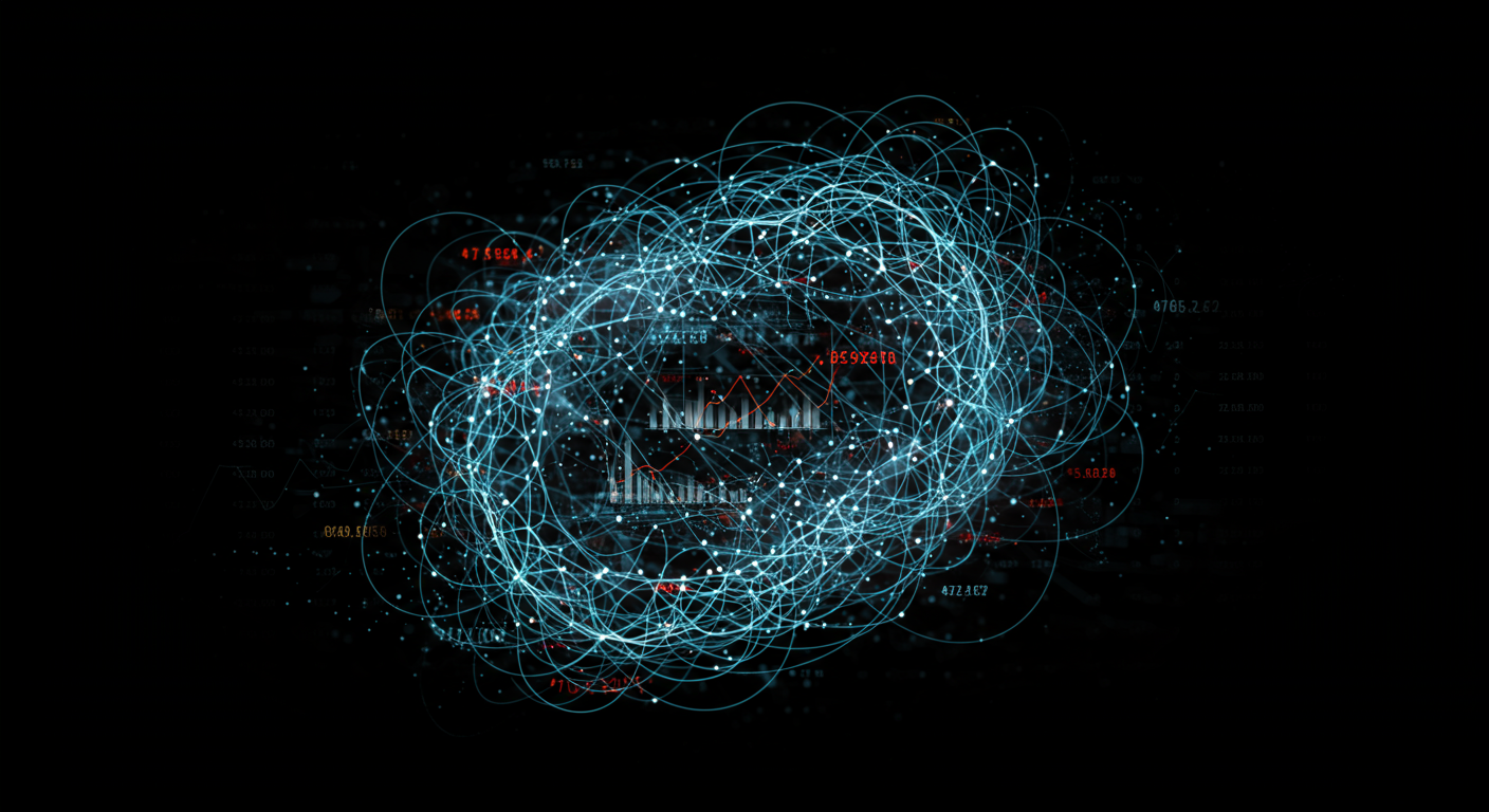 A complex, tangled network of metrics and data points, symbolizing the difficulty of manual cloud cost analysis and the futility of human efforts against dynamic cloud waste.