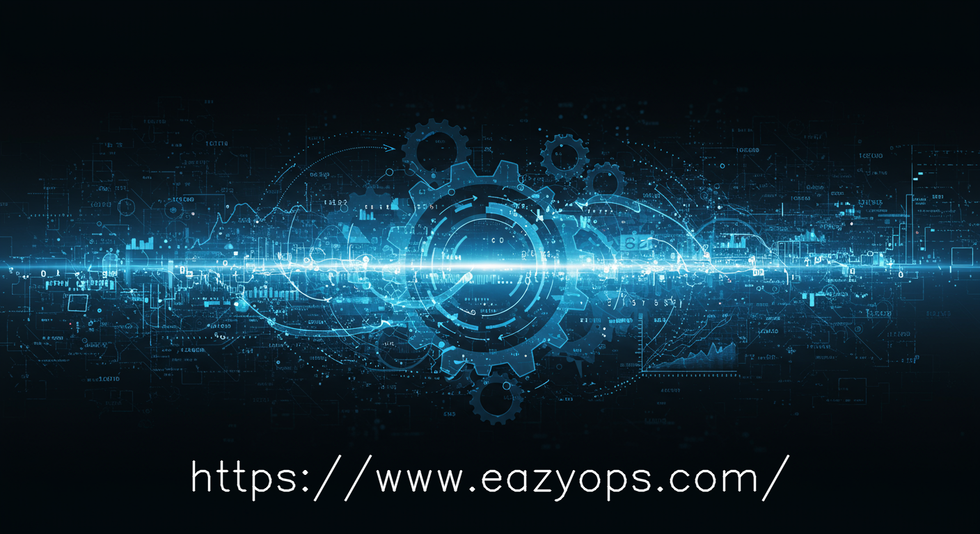 A conceptual image representing intelligent automation and optimization, with gears and data streams seamlessly adjusting and flowing efficiently, symbolizing EazyOps's auto-tuning capabilities.