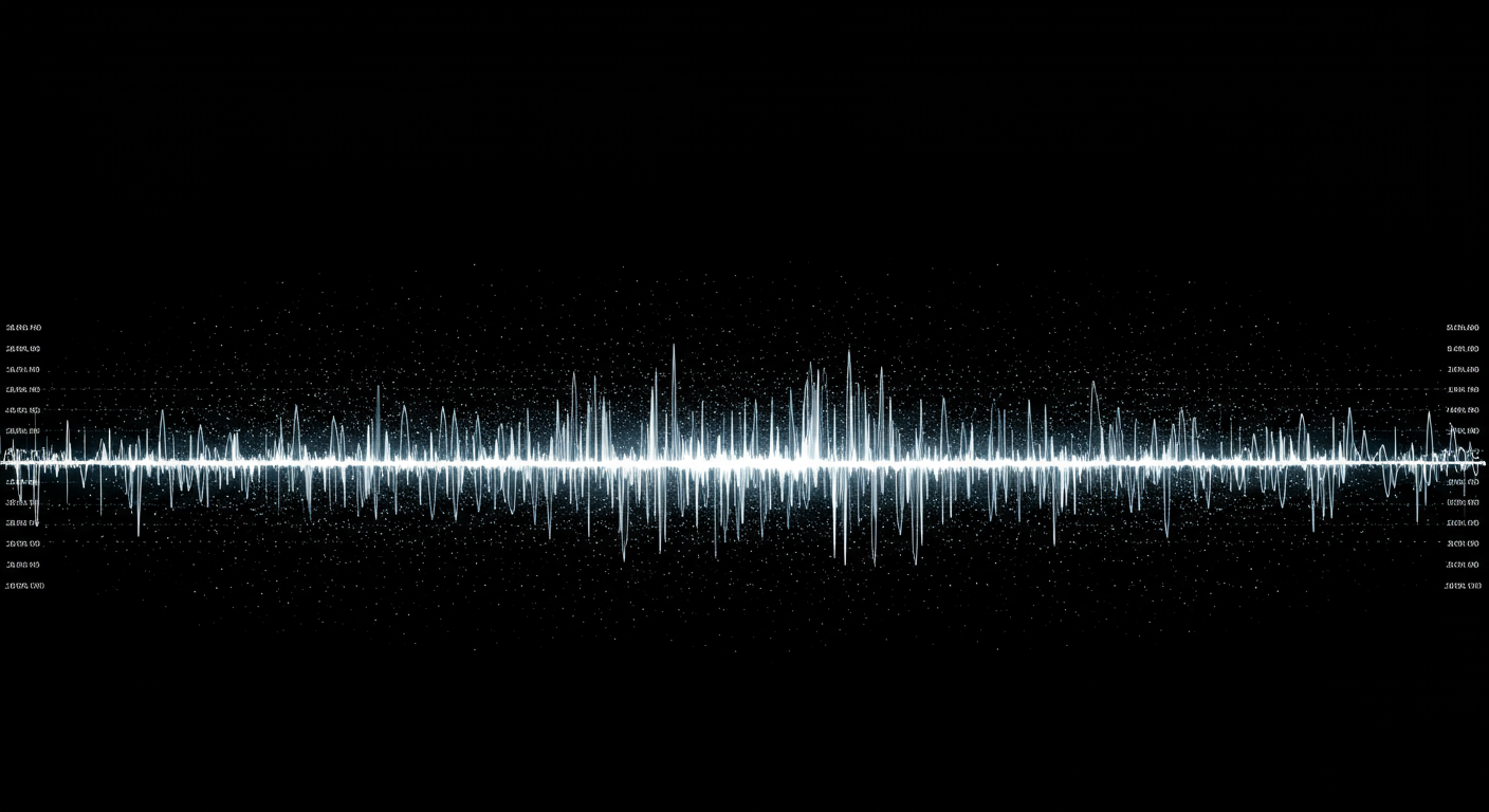 A visualization of digital patterns, with a smooth, low-frequency wave occasionally interrupted by sharp, short bursts, representing the distinct utilization pattern of a 'burstable' workload contrasting with a consistent, high-frequency wave.