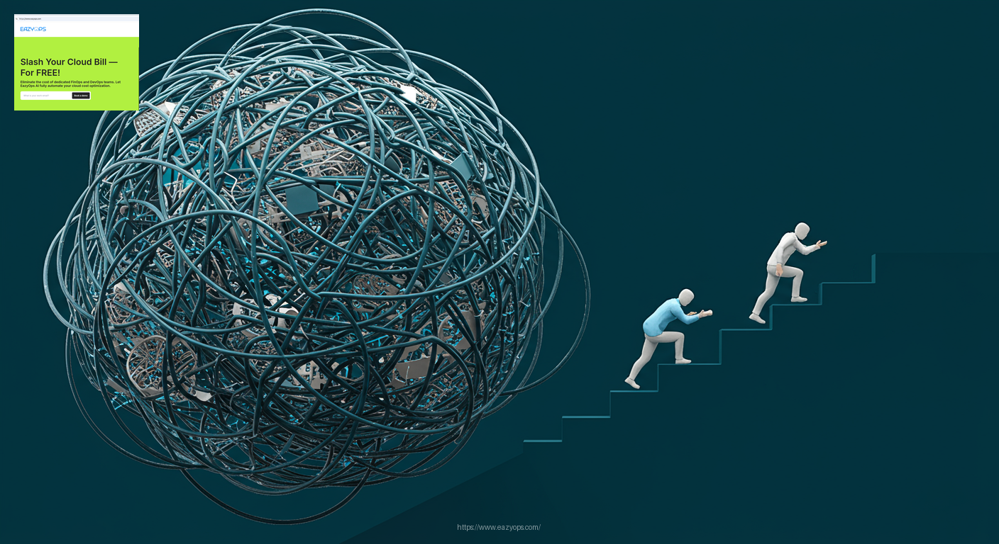 A visual metaphor for the tedious and complex process of manual cloud resource management, perhaps depicted as a tangled web or a laborious uphill climb.