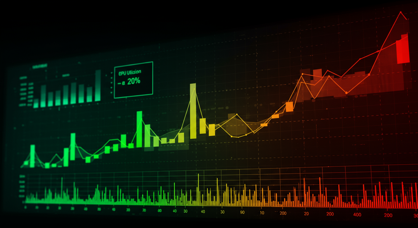 A dashboard-like representation with graphs and metrics, prominently displaying a low CPU utilization percentage (e.g., <20%) on a large bar or line graph, highlighting the inefficiency of oversized nodes within a complex network structure. Colors shift from green (efficient) to amber/red (inefficient) in the relevant areas.