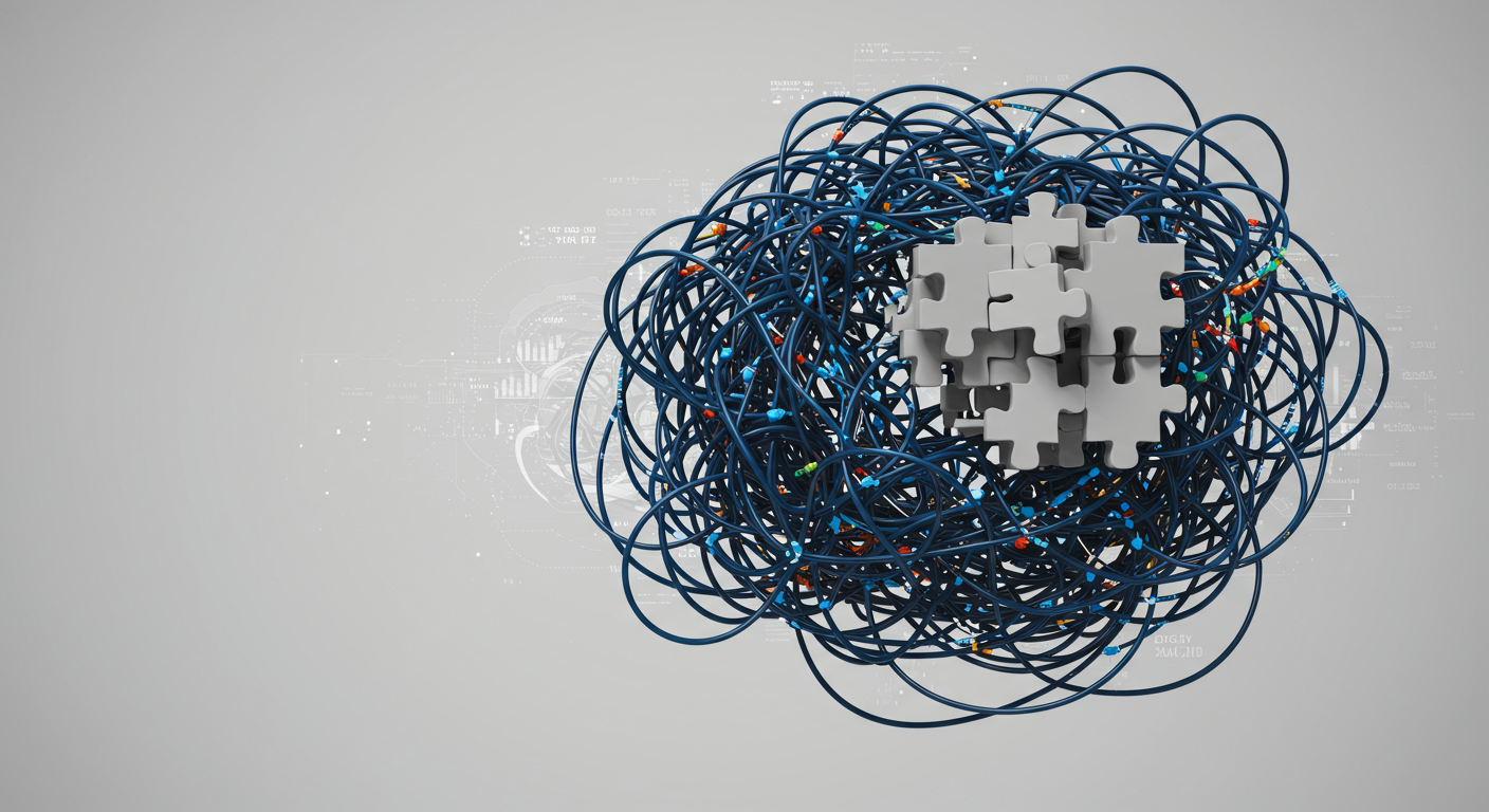 A conceptual image illustrating the difficulty and complexity of manual cloud resource management, depicted as a tangled maze of wires or a complex, interlocking puzzle with mismatched pieces, emphasizing the challenge of finding the right fit without automation. The color palette suggests frustration and complexity with a touch of uncertainty.