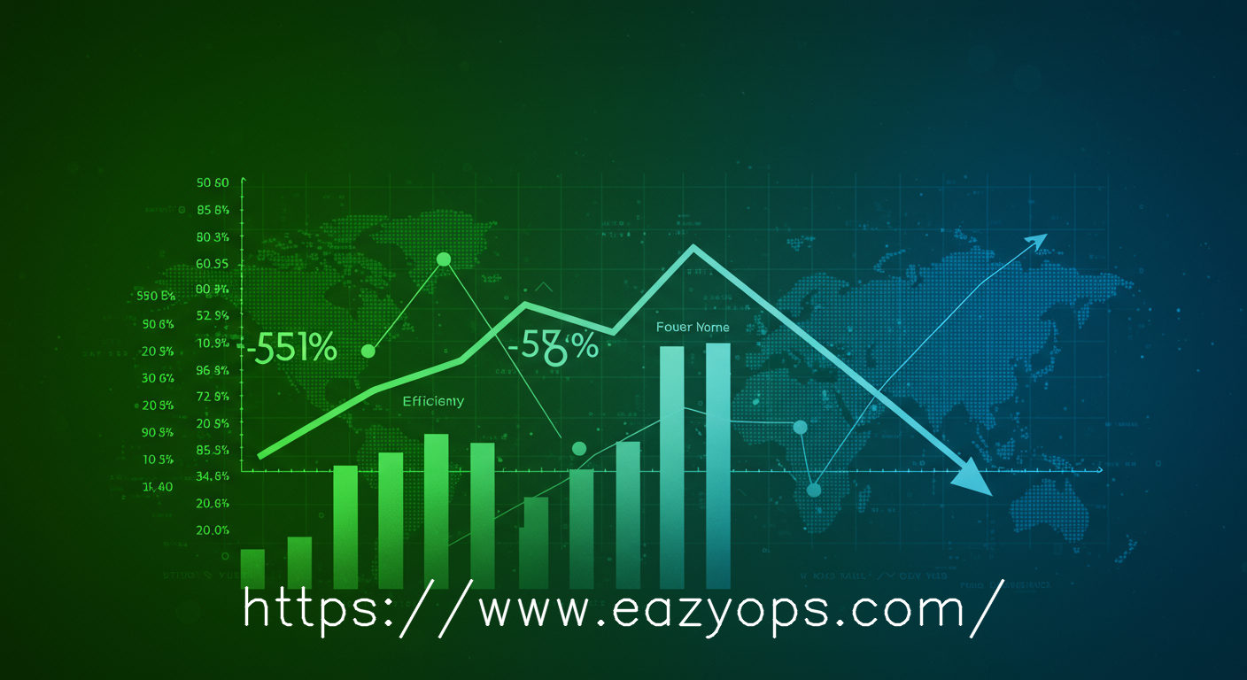 A powerful visual representation of financial savings and improved efficiency, featuring a prominent bar chart or line graph showing a significant downward trend in costs (e.g., -55%), contrasted with an upward trend in efficiency metrics. The scene uses vibrant greens and blues, conveying success and optimization.