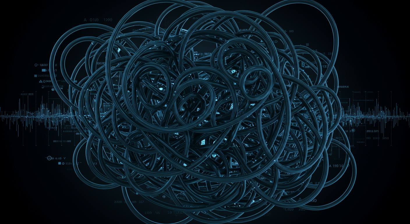 An abstract visualization of complex, uncontrolled cloud costs, resembling tangled wires or a maze, symbolizing confusion and inefficiency.