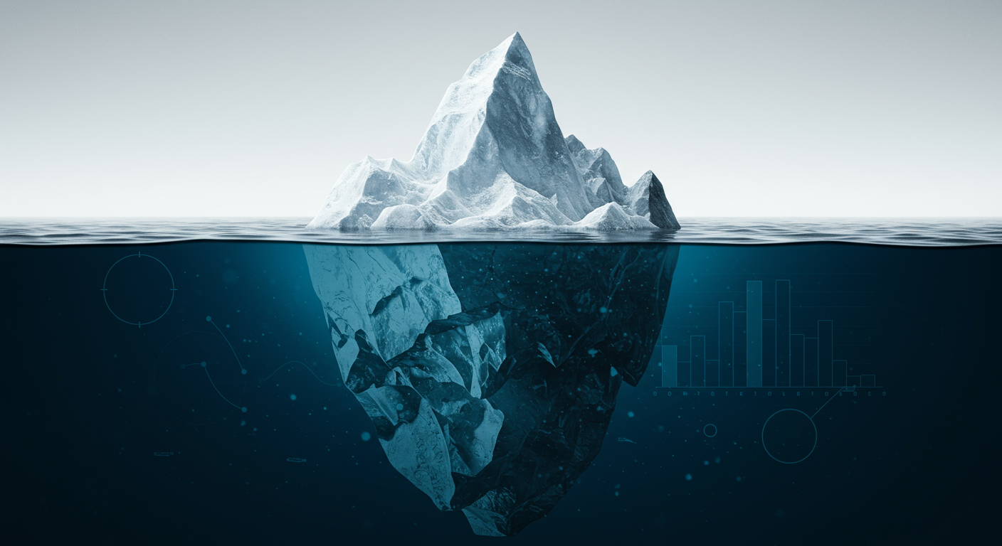 A metaphorical image representing hidden bloat or accumulation, perhaps an iceberg with a large unseen portion underwater, or growing digital storage blocks.