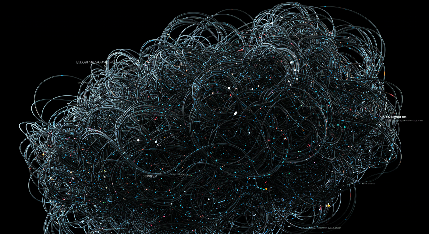An abstract visualization of a tangled network of wires or data paths, symbolizing complexity and inefficiency in cloud resource allocation.