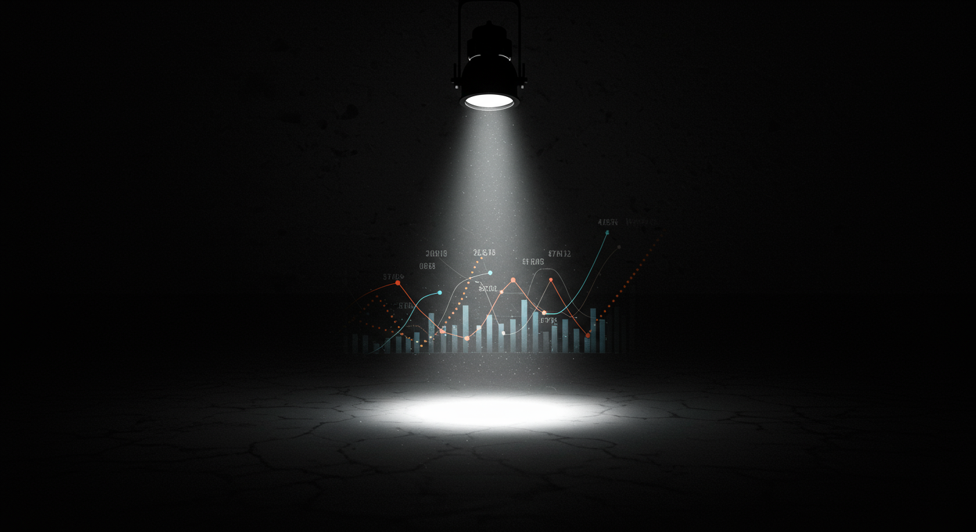 A metaphorical image showing a spotlight illuminating specific data points amidst a dark, chaotic background, representing clarity and discovery of insights.