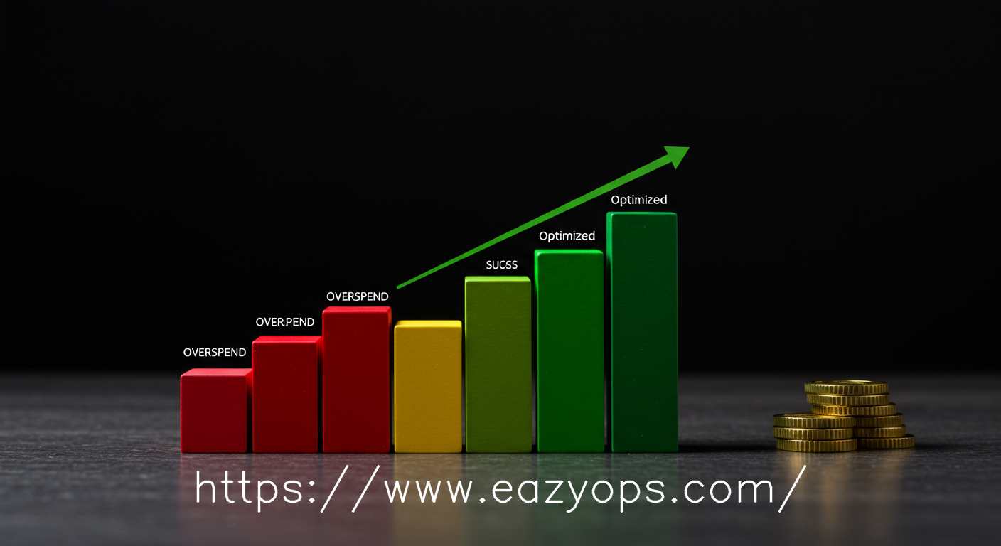 A simplified, stacked bar chart showing a significant reduction in a red 'overspend' section and an increase in a green 'optimized' section, representing clear cost savings.