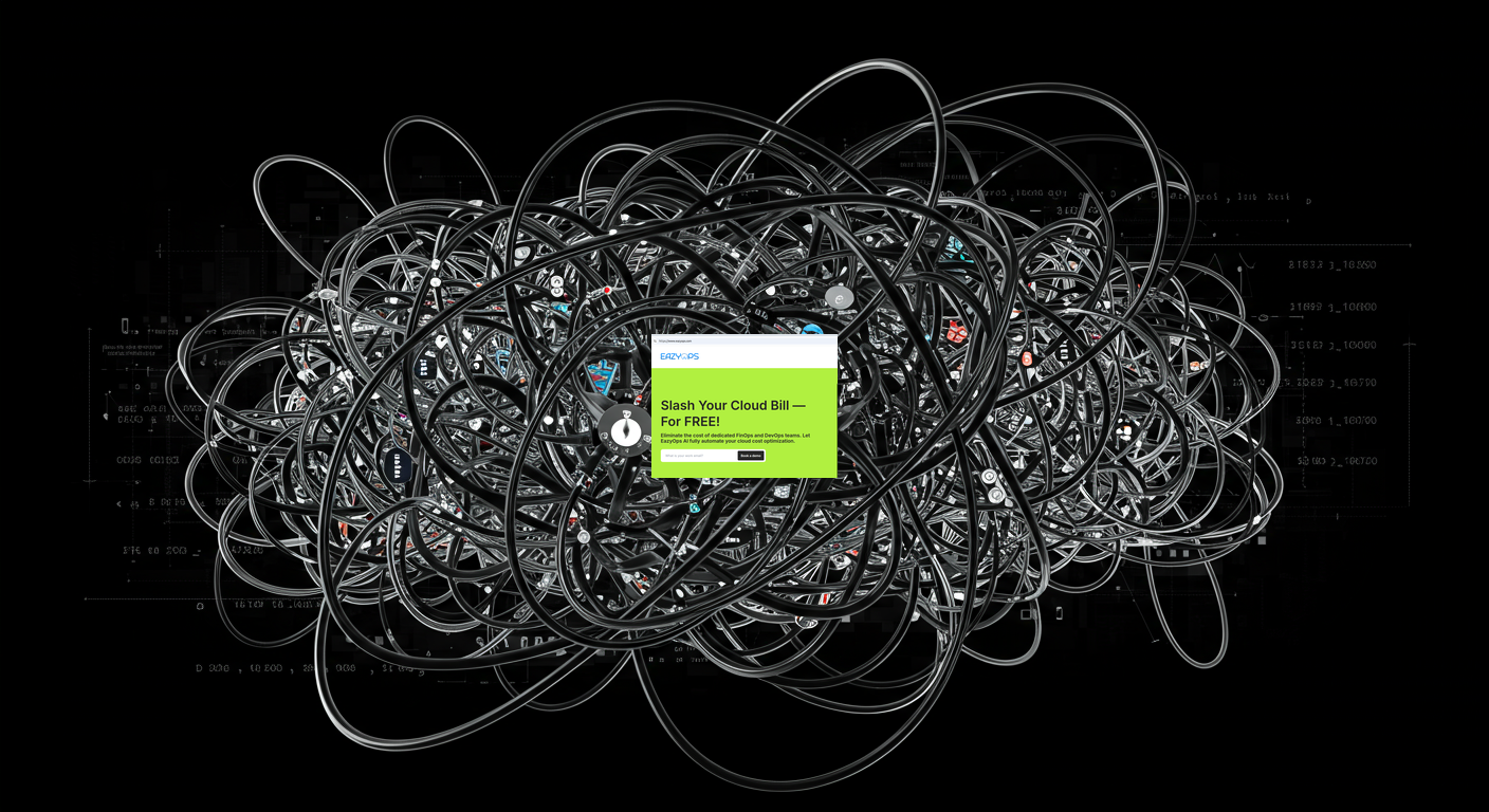 Abstract representation of manual data management, like tangled wires or a complex flowchart.