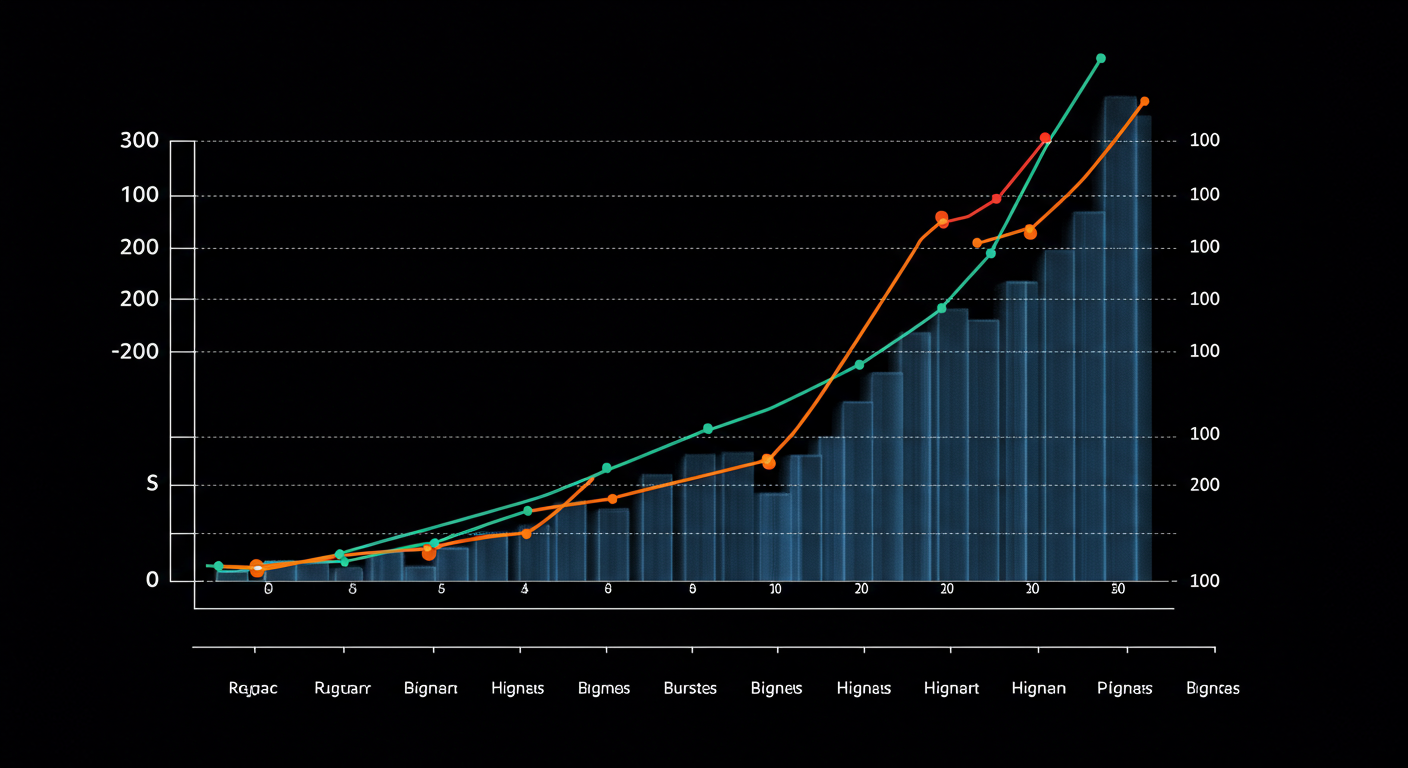 An abstract visualization depicting irregular, bursty workload patterns on a graph, contrasted with a steady, high-cost line, representing the misalignment between D-series VMs and burstable workloads.