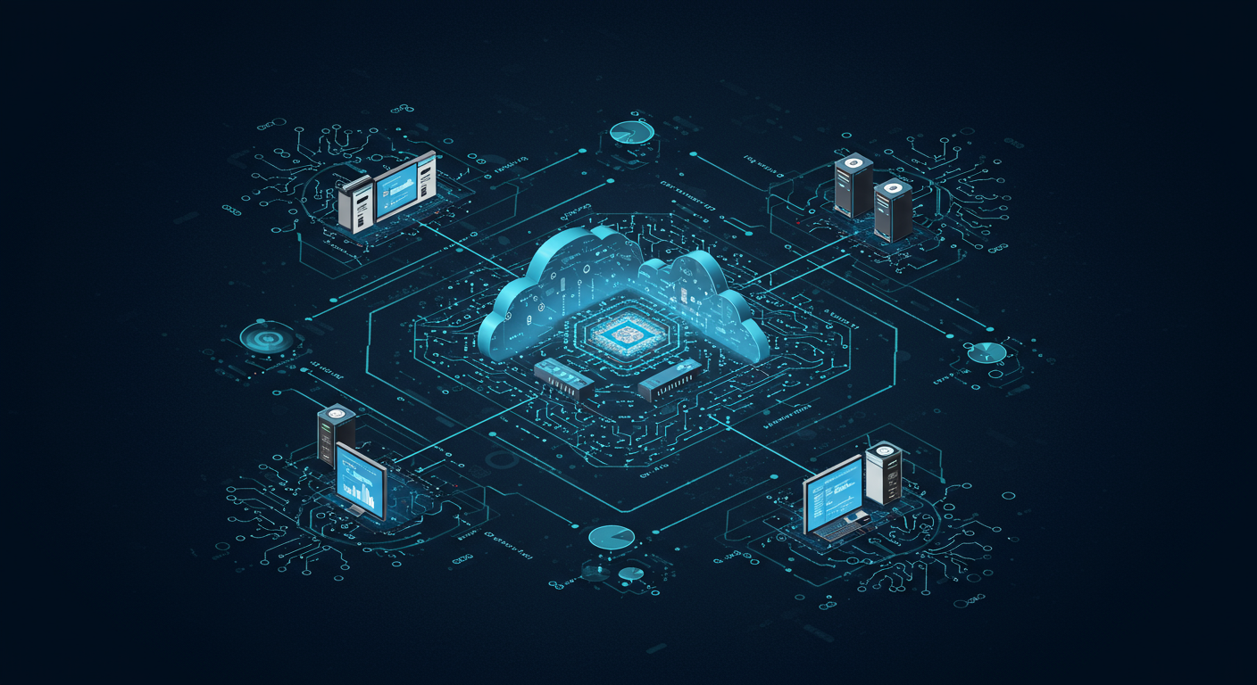 A conceptual image showing a complex cloud environment with various virtual machines, being analyzed and re-routed by an AI-powered optimization engine, symbolizing EazyOps' intelligent migration.