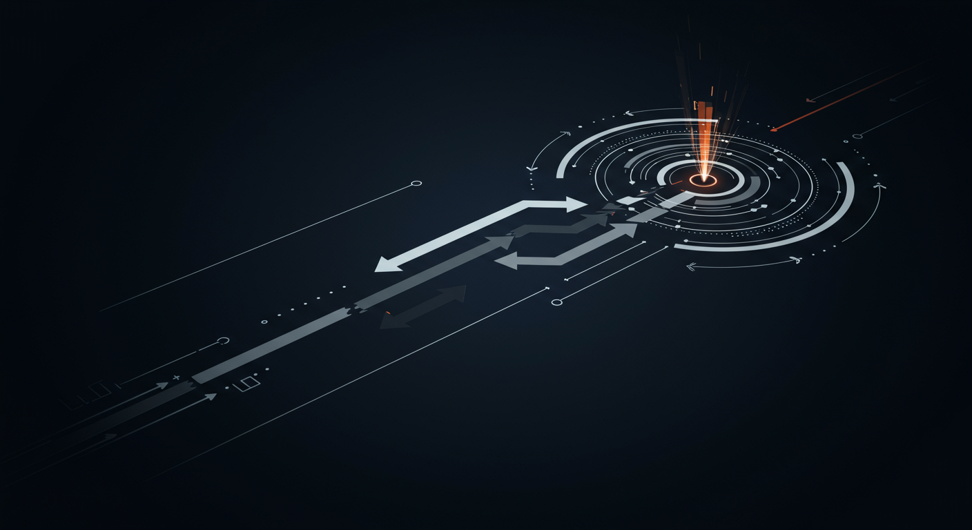 An abstract graphic representing a path of learning and correction, with broken lines symbolizing previous inefficiencies converging into a smooth, optimized flow, emphasizing the lessons learned from cloud cost management.