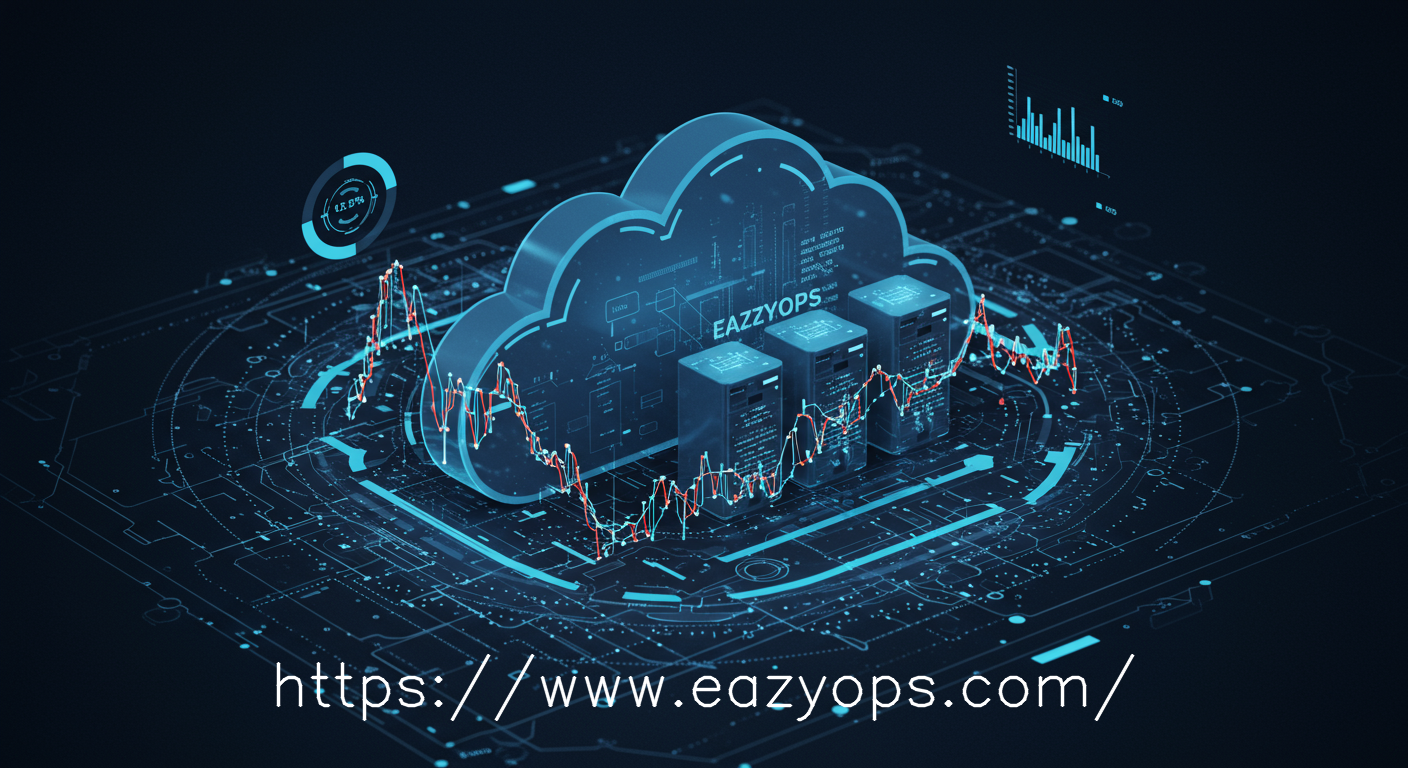 A forward-looking, futuristic cloud infrastructure with dynamic scaling elements and predictive analytics visualizations, illustrating the advanced capabilities and future direction of cloud cost efficiency with EazyOps.