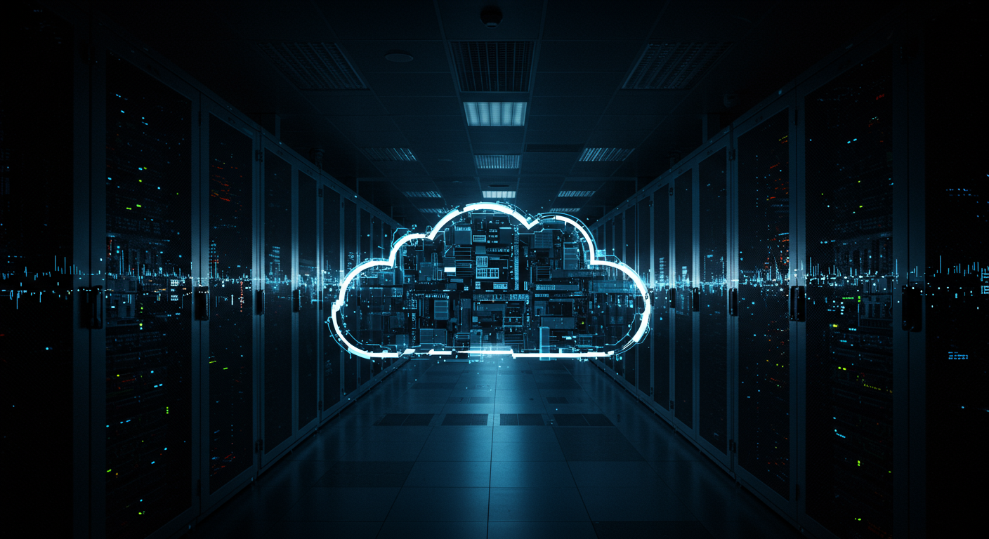An abstract representation of wasted cloud resources, perhaps a visual of empty or lightly used server racks within a cloud environment, or fragmented, underutilized blocks of compute.