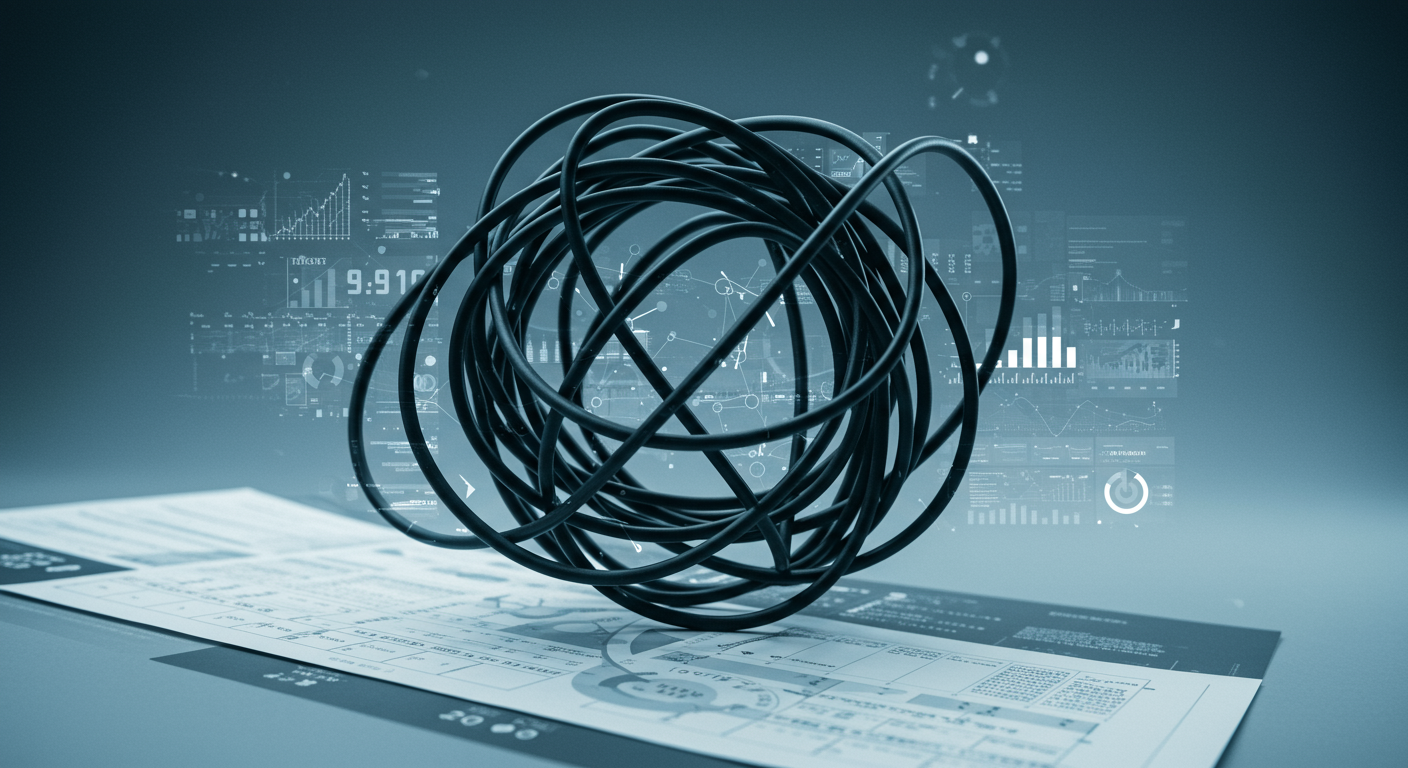 A metaphorical image showing the complexity and frustration of manual cloud cost management, perhaps a tangled network of wires or a complex, unreadable spreadsheet.