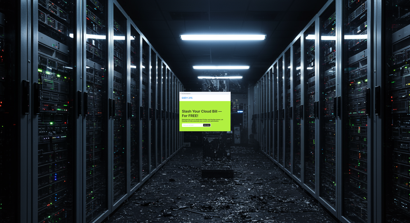 An abstract image representing a graveyard of servers, symbolizing wasted resources.