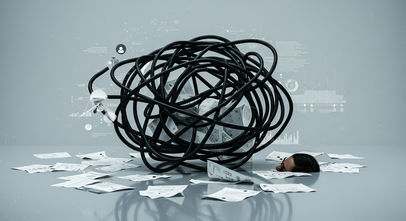 An abstract visual representing overwhelming manual work and complexity in cloud management, perhaps a tangled web of wires or a person drowning in paperwork, symbolizing the Sisyphean task of manual backup cleanup.