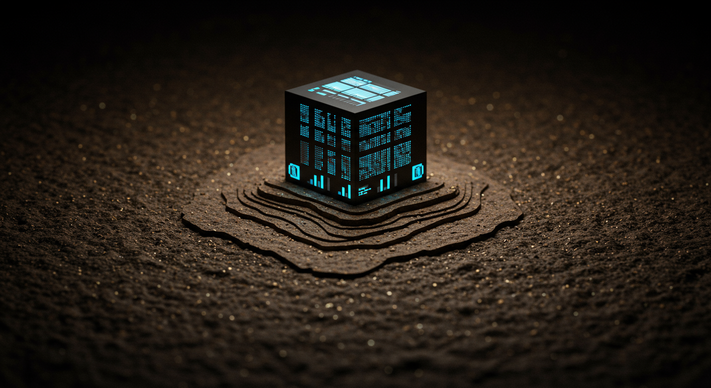 A conceptual image of digital data accumulating like sediment layers or discarded artifacts in an archaeological dig site, symbolizing hoarded and forgotten Cloud SQL backups over time.