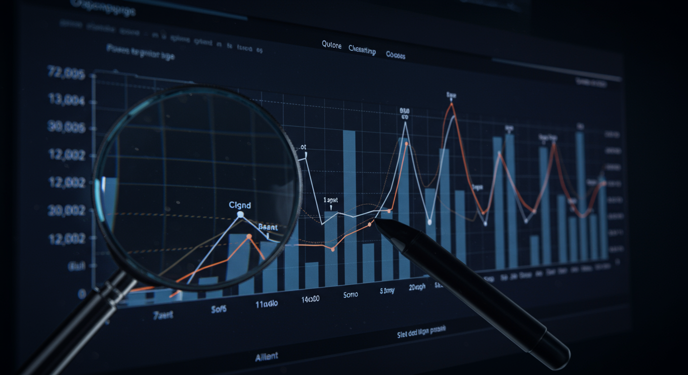 A magnifying glass hovering over a detailed graph of fluctuating cloud costs, highlighting an unexpected, consistently high baseline, representing the discovery of a silent drain.