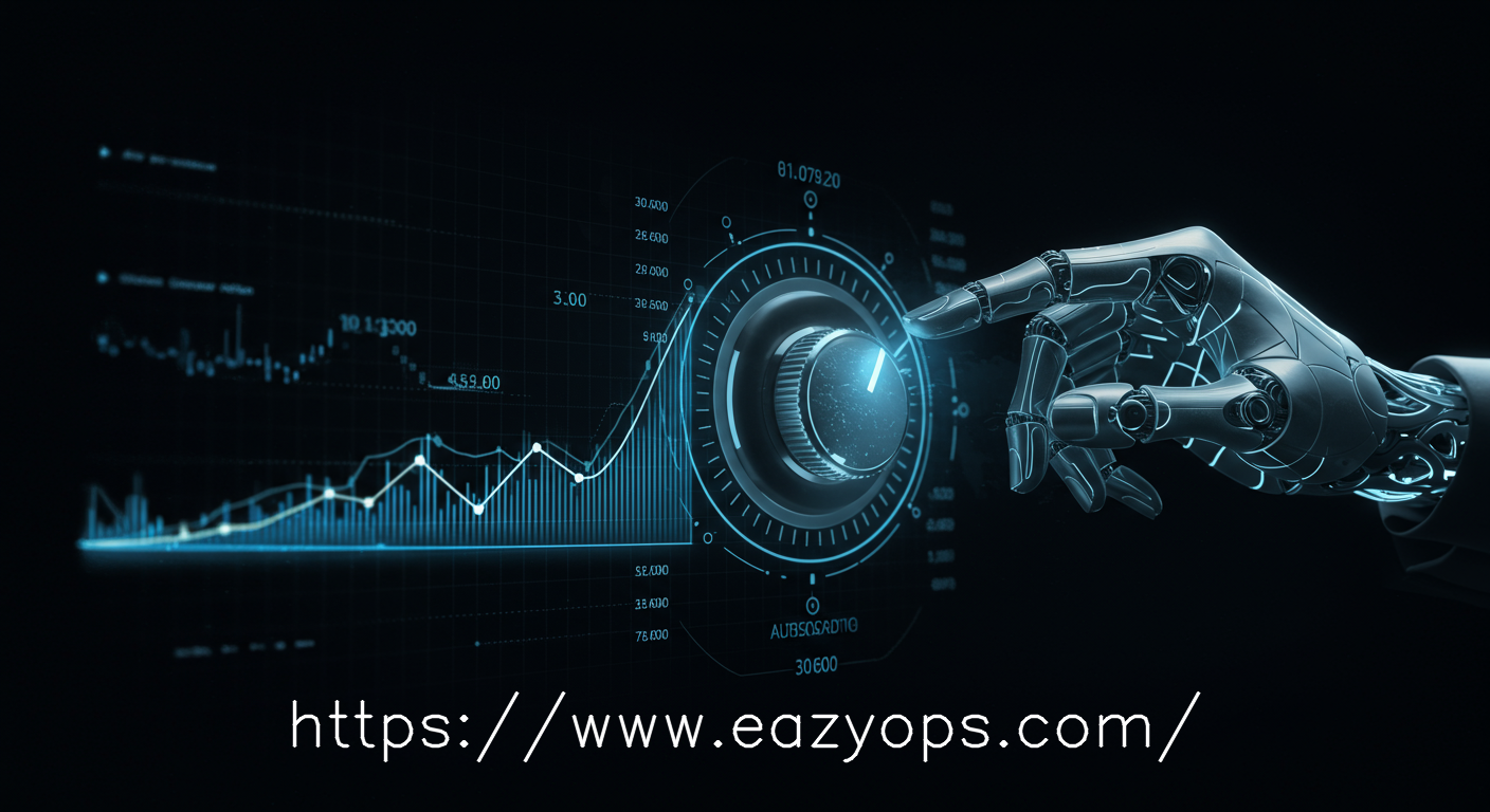A conceptual image of an AI-powered hand automatically adjusting a cloud autoscaling dial, bringing a turbulent cost graph into a smooth, optimized line, symbolizing automated policy enforcement and cost control.