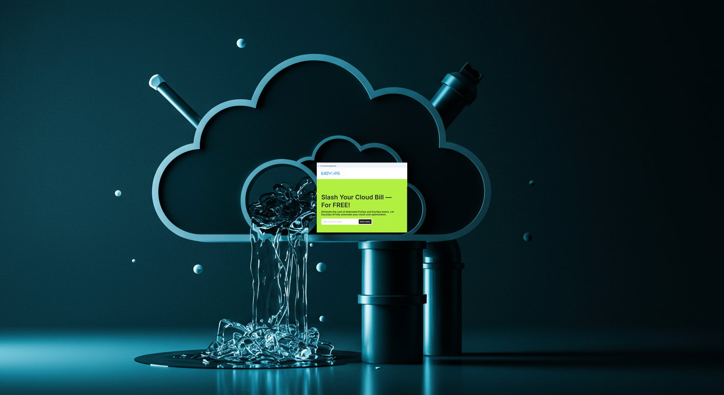 An abstract image representing wasted cloud resources, perhaps depicted as leaking pipes or overflowing containers.