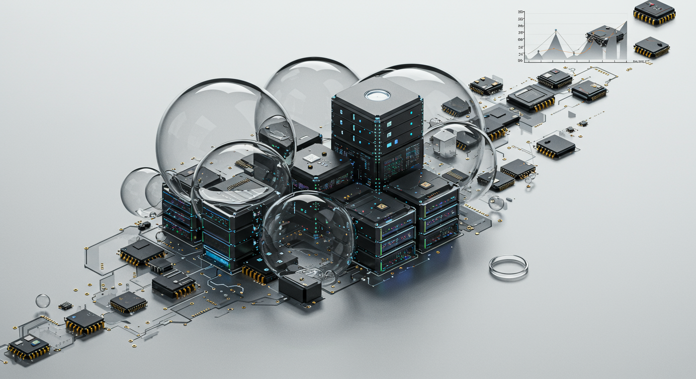 An abstract visualization of a cloud cluster, with some components (system pods) appearing as large, empty bubbles or blocks consuming space, while smaller, active components struggle for room.