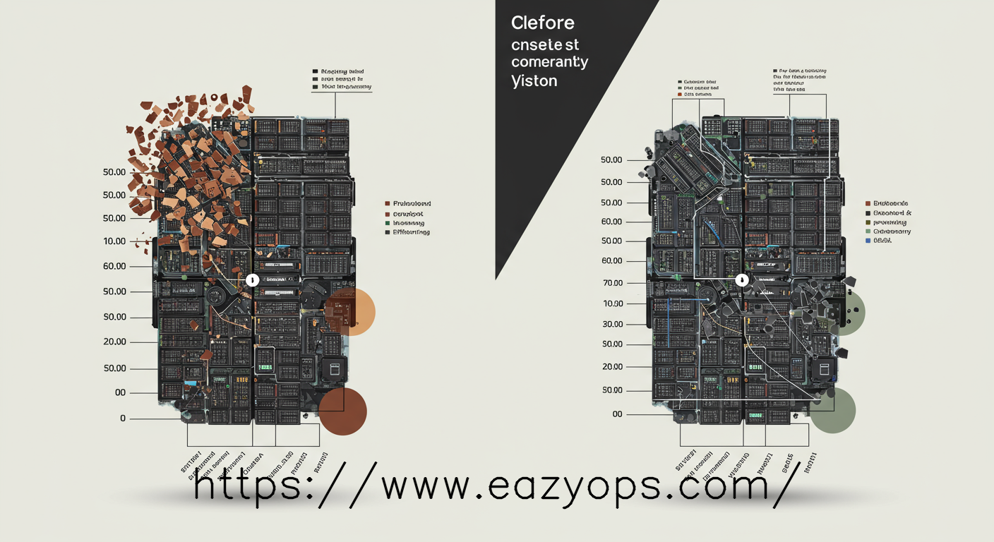A split image or before-and-after graphic. One side shows an inefficient, fragmented cluster layout, while the other side shows the same cluster with resources neatly compacted and utilized, symbolizing efficiency gains.