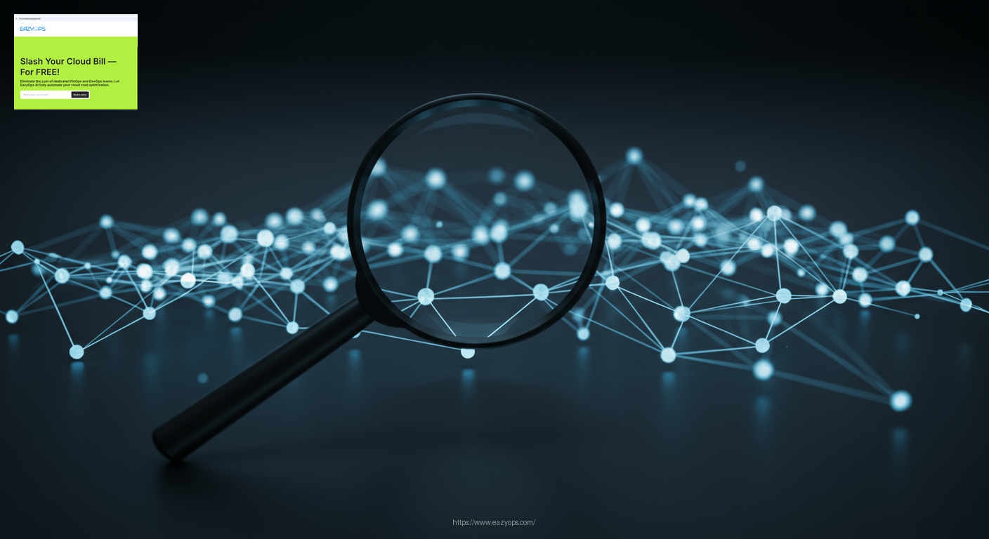 Abstract image of a magnifying glass hovering over a complex network of interconnected nodes, representing the difficulty of manually searching for a specific resource in a large cloud environment.
