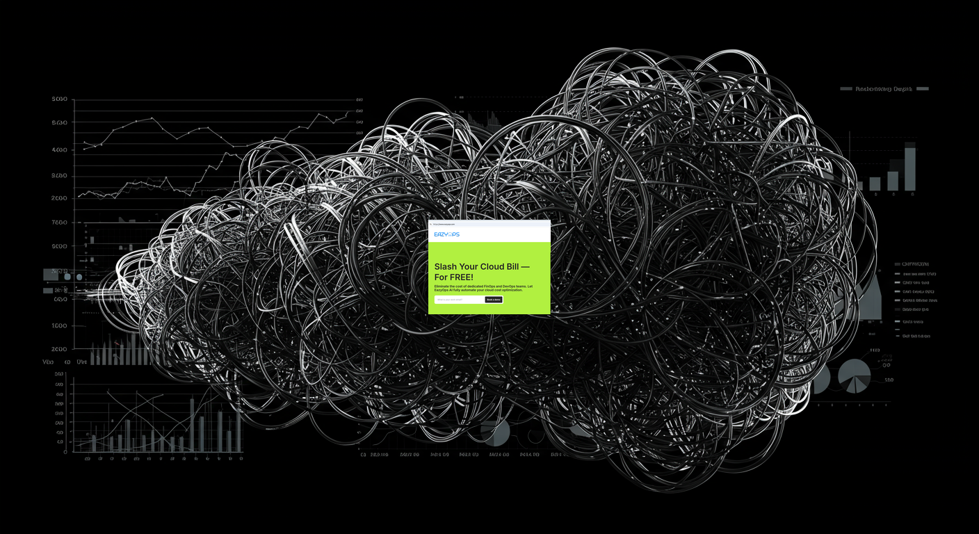 A visual representation of a tangled network of wires, symbolizing the complexity of cloud infrastructure and the difficulty of tracking resources.