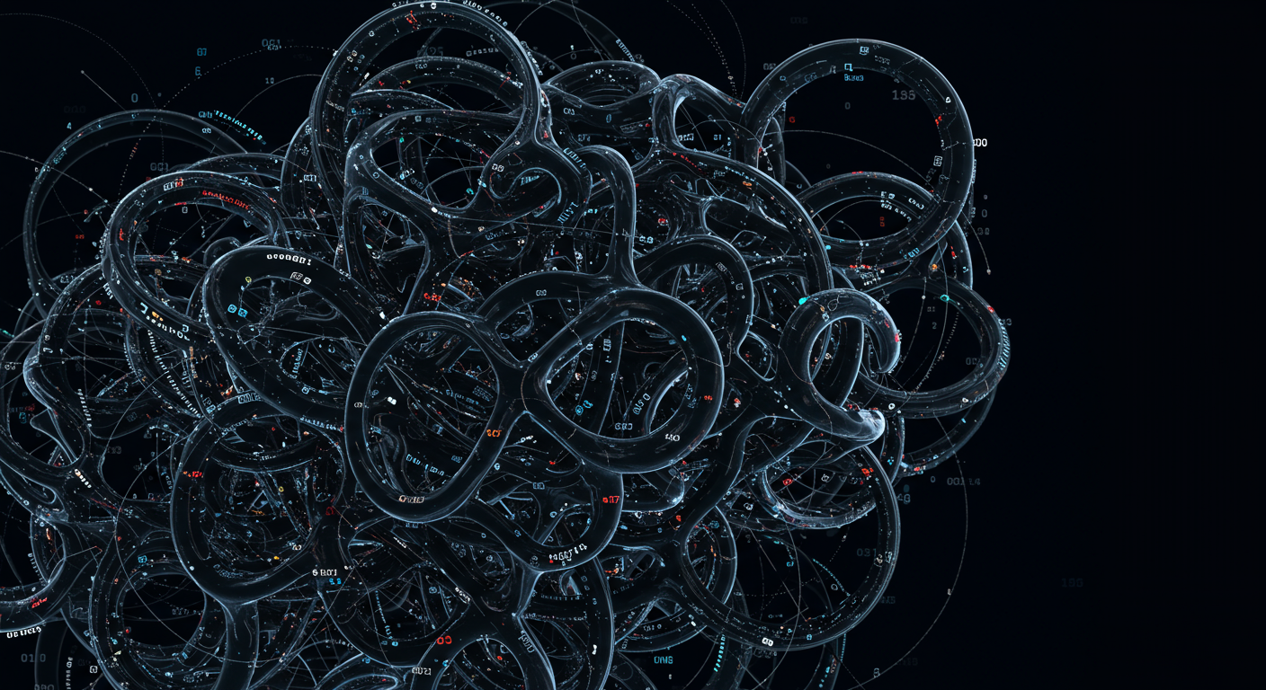An abstract visualization of a tangled web or complex system, representing the confusion and difficulty of manually optimizing numerous cloud resources.